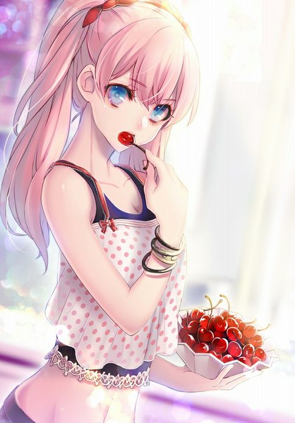 Anime picture 713x1024 with original karasumaru emu single long hair tall image looking at viewer fringe blue eyes standing twintails holding pink hair cleavage bare belly groin polka dot girl navel bracelet curtains