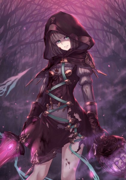 Anime picture 1704x2436 with sinoalice gretel (sinoalice) yasu (segawahiroyasu) single tall image looking at viewer fringe highres short hair blonde hair standing holding green eyes outdoors blunt bangs parted lips head tilt puffy sleeves torn clothes blood on face