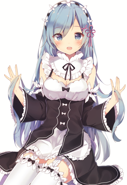 Anime-Bild 1745x2543 mit re:zero kara hajimeru isekai seikatsu white fox rem (re:zero) shiino sera (gelatin) single long hair tall image looking at viewer blush fringe highres open mouth blue eyes simple background hair between eyes white background sitting blue hair maid spread arms