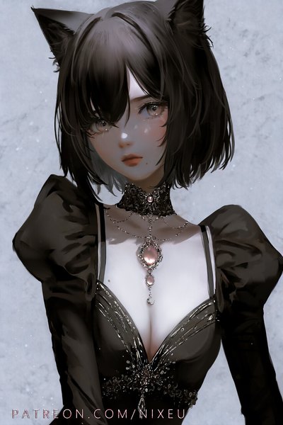 Anime picture 850x1275 with original nixeu single tall image looking at viewer blush fringe short hair breasts light erotic black hair simple background hair between eyes brown eyes signed animal ears cleavage upper body head tilt lips
