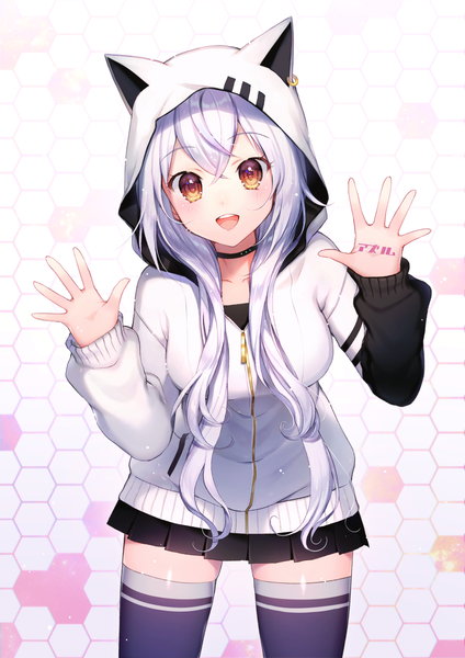 Anime picture 1000x1414 with virtual youtuber azuma lim channel azuma lim momoshiki tsubaki single long hair tall image looking at viewer blush fringe open mouth smile hair between eyes standing brown eyes payot silver hair long sleeves pleated skirt zettai ryouiki