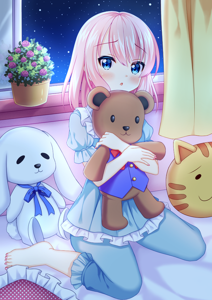 Anime picture 723x1022 with original kitsuneco kitsuneko single long hair tall image looking at viewer blush open mouth blue eyes sitting holding pink hair barefoot night hug wariza crossed arms borrowed character girl