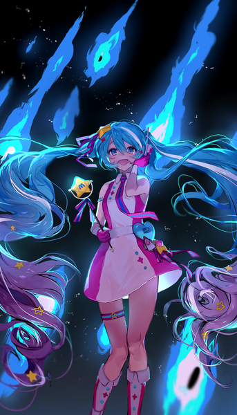 Anime picture 3000x5249 with vocaloid magical mirai (vocaloid) future eve (vocaloid) hatsune miku magical mirai miku magical mirai miku (2022) nannaspad single tall image fringe highres open mouth hair between eyes twintails very long hair :d aqua eyes aqua hair gradient hair girl