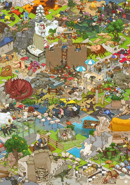 Anime picture 1200x1699 with gulliver's travels shimadatto (artist) tall image sleeping zombie detailed murder boy plant (plants) animal tree (trees) bed ground vehicle dragon wall dog car beach umbrella statue snowman