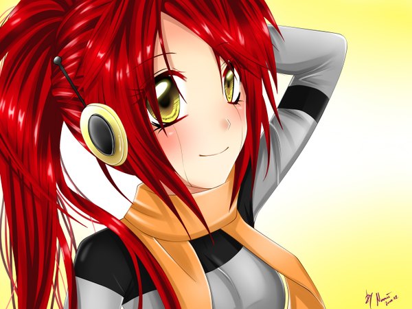 Anime picture 2800x2100 with nami (nyaa) single long hair blush highres simple background smile yellow eyes ponytail red hair arm behind head girl headphones scarf