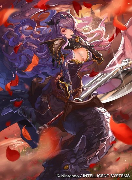Anime picture 596x811 with fire emblem fire emblem fates fire emblem cipher camilla (fire emblem) mayo (moyo) long hair tall image fringe breasts light erotic large breasts sitting pink hair cleavage purple hair cloud (clouds) bent knee (knees) multicolored hair from above sunlight