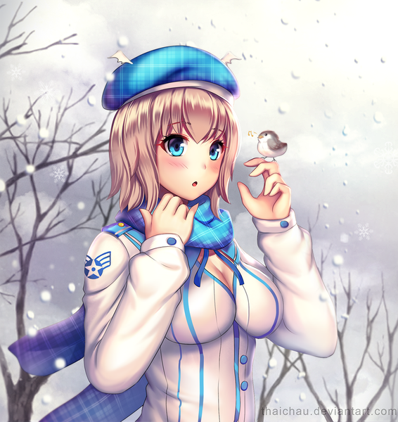 Anime picture 944x1000 with original riiya (mabong1989) single tall image blush fringe short hair breasts open mouth blue eyes hair between eyes brown hair large breasts standing signed looking away cleavage upper body outdoors :o