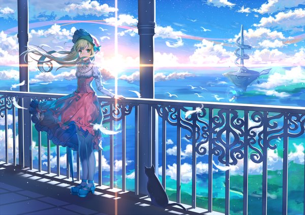 Anime picture 1700x1201 with original kikugetsu single long hair looking at viewer fringe blonde hair standing green eyes sky cloud (clouds) full body long sleeves wind sunlight arm support shadow lens flare horizon covered mouth