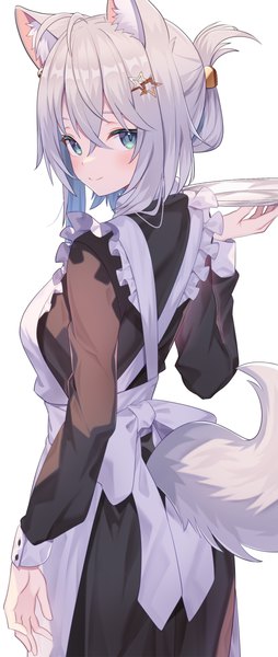 Anime picture 1641x3875 with original jun (aousa0328) single tall image looking at viewer blush fringe short hair breasts simple background smile hair between eyes standing white background holding green eyes animal ears silver hair tail long sleeves