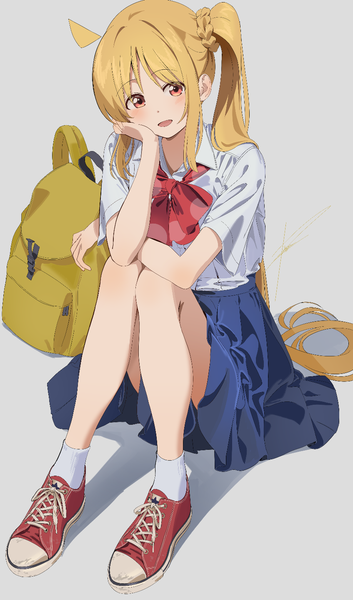 Anime picture 847x1438 with bocchi the rock! cloverworks ijichi nijika poligon (046) single tall image blush open mouth simple background blonde hair red eyes sitting ahoge very long hair :d grey background side ponytail head rest girl skirt