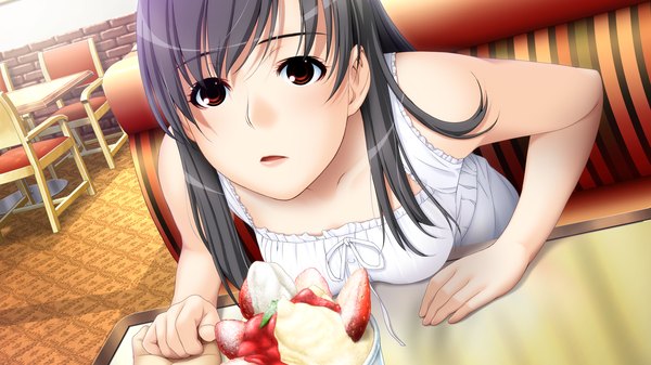 Anime-Bild 1920x1080 mit sister scheme 2 (game) yanagawa amane ino long hair highres black hair red eyes wide image game cg girl food sweets sundress ice cream