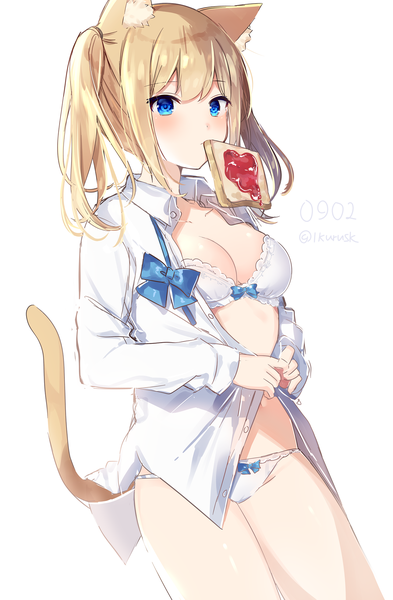 Anime picture 1290x1971 with original mafuyu (chibi21) single long hair tall image looking at viewer blush fringe breasts blue eyes light erotic simple background blonde hair hair between eyes large breasts standing white background twintails holding signed