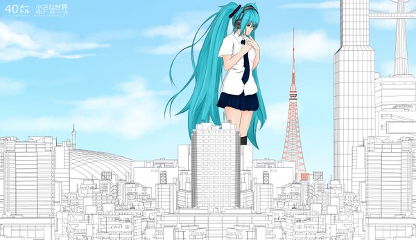 Anime picture 3452x2000 with vocaloid hatsune miku torino nami single highres wide image twintails cloud (clouds) very long hair aqua eyes aqua hair city girl skirt miniskirt shirt necktie building (buildings)