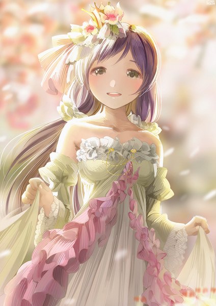 Anime picture 1000x1415 with love live! school idol project sunrise (studio) love live! toujou nozomi gumimecv single long hair tall image blush fringe open mouth smile standing twintails bare shoulders green eyes purple hair :d hair flower sunlight