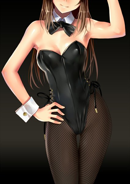 Anime picture 637x900 with original katahira masashi single long hair tall image light erotic simple background brown hair bare shoulders hand on hip gradient background girl pantyhose wrist cuffs leotard fishnet pantyhose