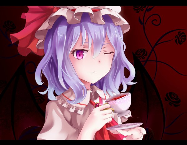 Anime picture 1200x930 with touhou remilia scarlet rin yuu single short hair purple eyes blue hair one eye closed wink girl dress wings bonnet cup