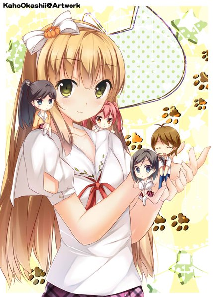 Anime picture 1000x1399 with hentai ouji to warawanai neko j.c. staff tsutsukakushi tsukiko azuki azusa kaho okashii long hair tall image blush short hair open mouth blue eyes black hair smile brown hair twintails multiple girls yellow eyes pink hair ponytail eyes closed