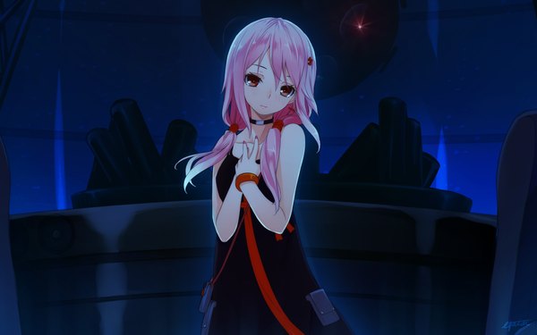 Anime picture 1920x1200 with guilty crown production i.g yuzuriha inori hinasaki you single long hair looking at viewer blush highres red eyes wide image signed pink hair nail polish sleeveless lipstick girl hair ornament choker bracelet