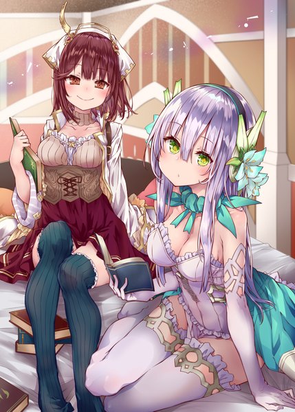 Anime picture 1480x2071 with atelier (series) atelier lydie & suelle gust (company) sophie neuenmuller plachta alt long hair tall image looking at viewer blush fringe short hair breasts smile hair between eyes brown hair large breasts sitting multiple girls holding