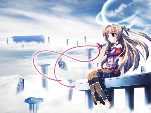 Anime picture 1280x960 with sorairo no organ (game) lefeuille minase lin single long hair blonde hair sitting yellow eyes looking away sky cloud (clouds) outdoors barefoot light smile third-party edit extended girl ribbon (ribbons) hair ribbon pillar