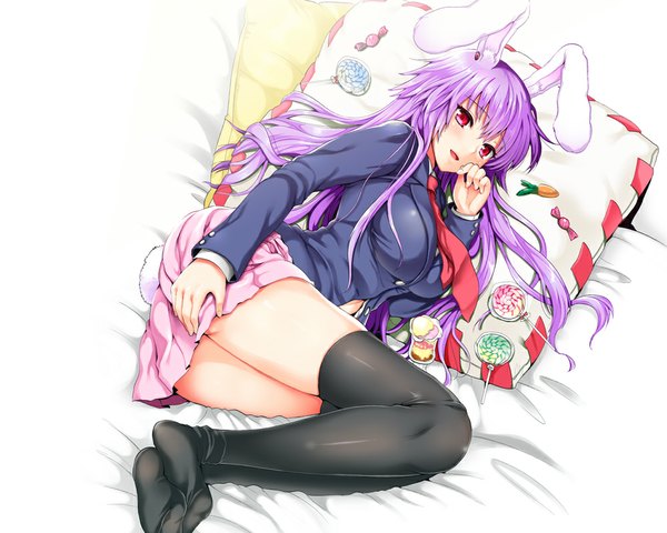 Anime picture 1000x800 with touhou reisen udongein inaba kojima saya single long hair looking at viewer blush open mouth light erotic smile red eyes animal ears purple hair tail lying animal tail bunny ears on side bunny girl covering