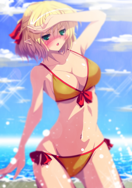 Anime picture 1240x1753 with touhou mizuhashi parsee sousakubito tall image blush short hair breasts open mouth light erotic blonde hair green eyes pointy ears half updo girl navel swimsuit bikini