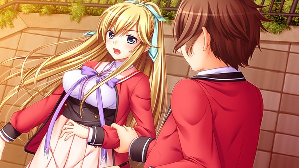 Anime picture 1024x576 with papa love 2kenme long hair short hair open mouth blue eyes blonde hair brown hair wide image game cg ponytail girl boy uniform school uniform