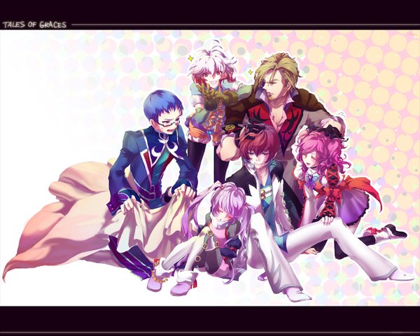 Anime picture 1280x1024 with tales of graces sophie (tales) asbel lhant cheria barnes pascal hubert ozwell malik caesars long hair blush short hair open mouth blue eyes simple background blonde hair smile brown hair sitting twintails multiple girls blue hair