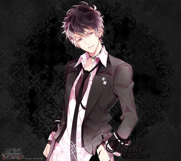 Anime picture 1440x1280 with diabolik lovers idea factory mukami ruki single looking at viewer black hair smile black eyes inscription open collar vampire boy uniform school uniform choker necktie