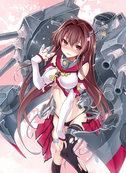 Anime picture 731x1000 with kantai collection yamato super battleship kodama yuu single long hair tall image looking at viewer blush breasts light erotic brown hair large breasts holding brown eyes midriff torn clothes girl thighhighs hair ornament underwear