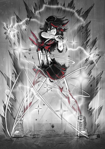 Anime picture 2480x3508 with kill la kill studio trigger matoi ryuuko manip21 single tall image looking at viewer fringe highres short hair blue eyes black hair simple background hair between eyes standing multicolored hair two-tone hair spread legs streaked hair monochrome