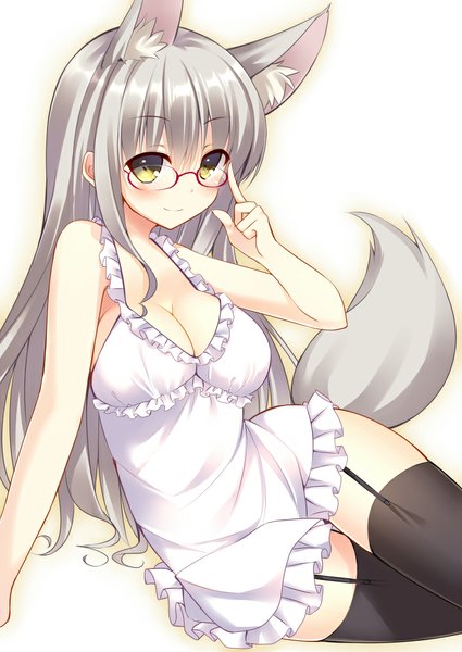 Anime picture 752x1062 with original bekotarou long hair tall image looking at viewer light erotic simple background white background animal ears yellow eyes silver hair tail animal tail girl thighhighs dress black thighhighs glasses sundress