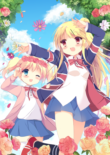 Anime picture 707x1000 with kin-iro mosaic kujou karen alice carteret kujou danbo long hair tall image fringe open mouth blonde hair smile twintails multiple girls payot looking away sky cloud (clouds) bent knee (knees) outdoors pleated skirt one eye closed