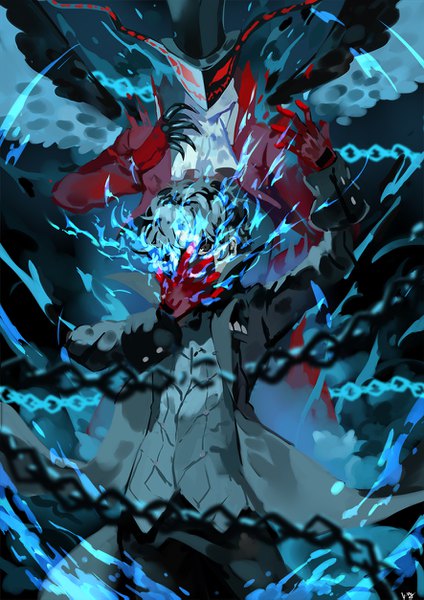 Anime picture 886x1253 with persona 5 persona amamiya ren arsene (persona 5) nanaya (daaijianglin) tall image looking at viewer short hair signed arm up grey hair blurry grey eyes depth of field magic demon boy chain flame claws