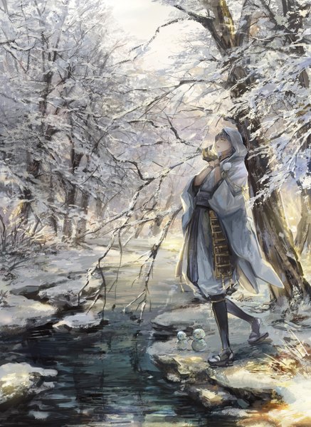 Anime picture 1000x1370 with touken ranbu nitroplus tsurumaru kuninaga 38ban single tall image open mouth yellow eyes looking away silver hair traditional clothes japanese clothes profile sunlight winter snow exhalation walking bare tree river