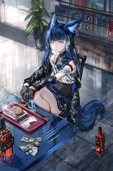 Anime picture 2334x3539 with original nanaponi single long hair tall image looking at viewer fringe highres sitting holding animal ears yellow eyes blue hair bent knee (knees) indoors tail blunt bangs braid (braids) animal tail multicolored hair