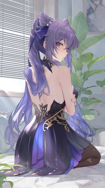 Anime picture 3100x5555 with genshin impact keqing (genshin impact) keqing (opulent splendor) (genshin impact) meisansan single long hair tall image looking at viewer blush fringe highres breasts light erotic hair between eyes large breasts sitting purple eyes twintails payot absurdres