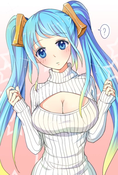 Anime picture 1181x1748 with league of legends sona buvelle yanxi yuan single tall image looking at viewer blush breasts blue eyes light erotic simple background large breasts twintails blue hair cleavage pink background ? girl sweater turtleneck