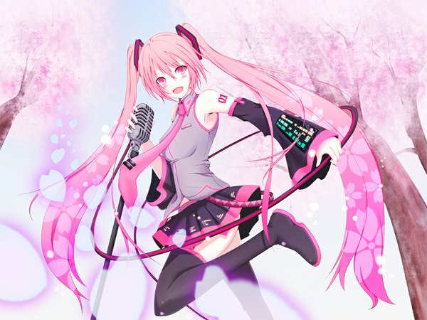 Anime picture 1000x750 with vocaloid hatsune miku sakura miku takonasu long hair open mouth twintails pink hair pink eyes cherry blossoms girl thighhighs skirt black thighhighs plant (plants) detached sleeves miniskirt tree (trees) necktie vest