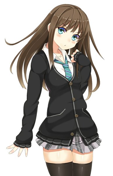 Anime picture 755x1170 with idolmaster idolmaster cinderella girls shibuya rin ashu single long hair tall image looking at viewer blush blue eyes simple background brown hair white background girl thighhighs skirt uniform black thighhighs school uniform miniskirt