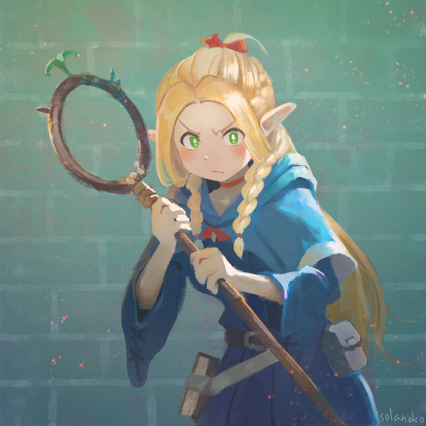 Anime picture 2047x2047 with dungeon meshi studio trigger marcille donato solanoko single long hair blush highres blonde hair green eyes signed braid (braids) pointy ears twin braids girl choker staff
