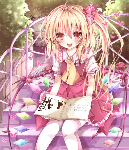 Anime picture 1150x1331 with touhou flandre scarlet nanase nao single tall image looking at viewer blush short hair open mouth blonde hair red eyes sitting teeth loli one side up girl thighhighs dress skirt flower (flowers)