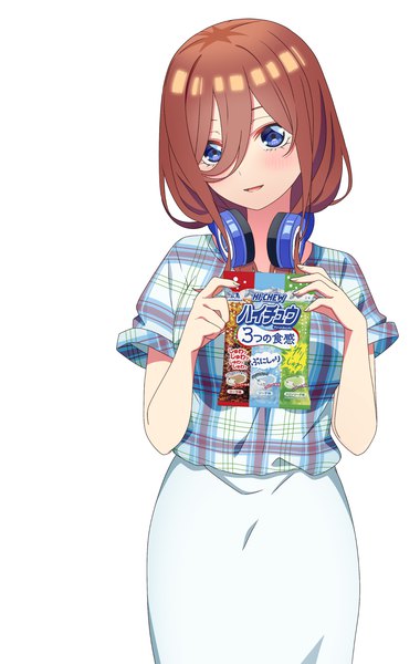 Anime picture 1500x2366 with go-toubun no hanayome nakano miku tagme (artist) single long hair tall image looking at viewer blush fringe short hair open mouth blue eyes simple background smile hair between eyes brown hair standing white background holding head tilt