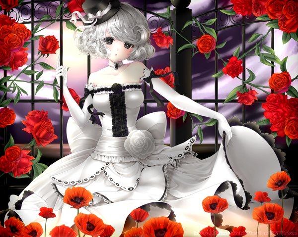 Anime picture 1500x1199 with original rimapichi single short hair bare shoulders sky cloud (clouds) grey hair :o grey eyes curly hair girl dress gloves flower (flowers) ribbon (ribbons) elbow gloves white gloves white dress rose (roses)