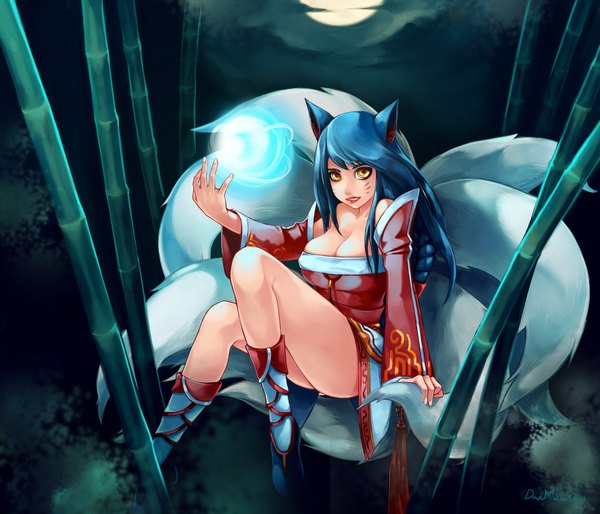 Anime picture 1634x1402 with league of legends ahri (league of legends) danmaru single long hair looking at viewer highres breasts large breasts bare shoulders animal ears yellow eyes blue hair tail braid (braids) animal tail lips night fox ears magic