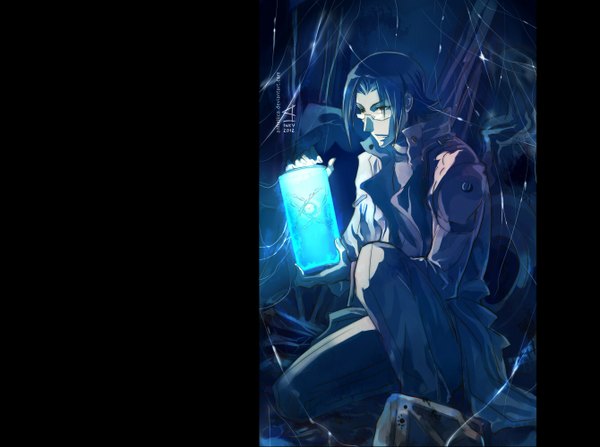 Anime picture 1340x1000 with d.gray-man komui lee anhellica single short hair sitting holding blue hair open clothes open jacket black background looking down light dark background squat boy glasses jacket coat thread