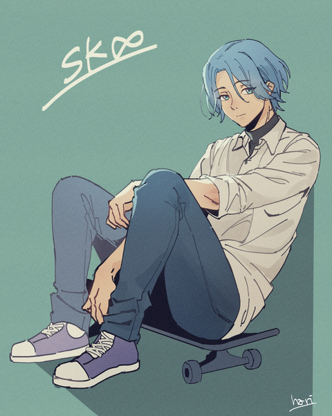 Anime picture 1500x1875 with sk8 the infinity studio bones hasegawa langa hari611 single tall image looking at viewer short hair blue eyes simple background sitting signed blue hair full body copyright name aqua background boy shirt shoes white shirt