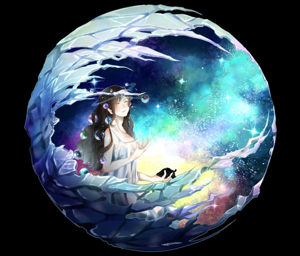 Anime picture 2698x2305 with original hanxingyuexue single long hair looking at viewer blush highres black hair bare shoulders holding green eyes body blush girl star (symbol) star (stars) bubble (bubbles) ice