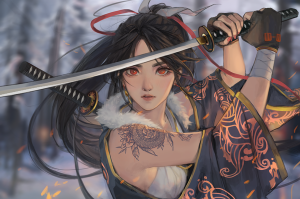 Anime picture 6032x4000 with original sornja single long hair looking at viewer fringe highres breasts black hair red eyes holding absurdres upper body outdoors ponytail nail polish traditional clothes japanese clothes fingernails blurry