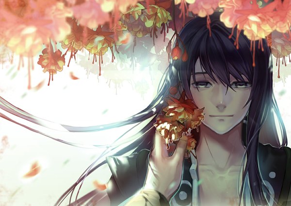 Anime picture 1131x800 with tales of (series) tales of vesperia yuri lowell liduke long hair black hair light smile black eyes realistic close-up boy flower (flowers) petals